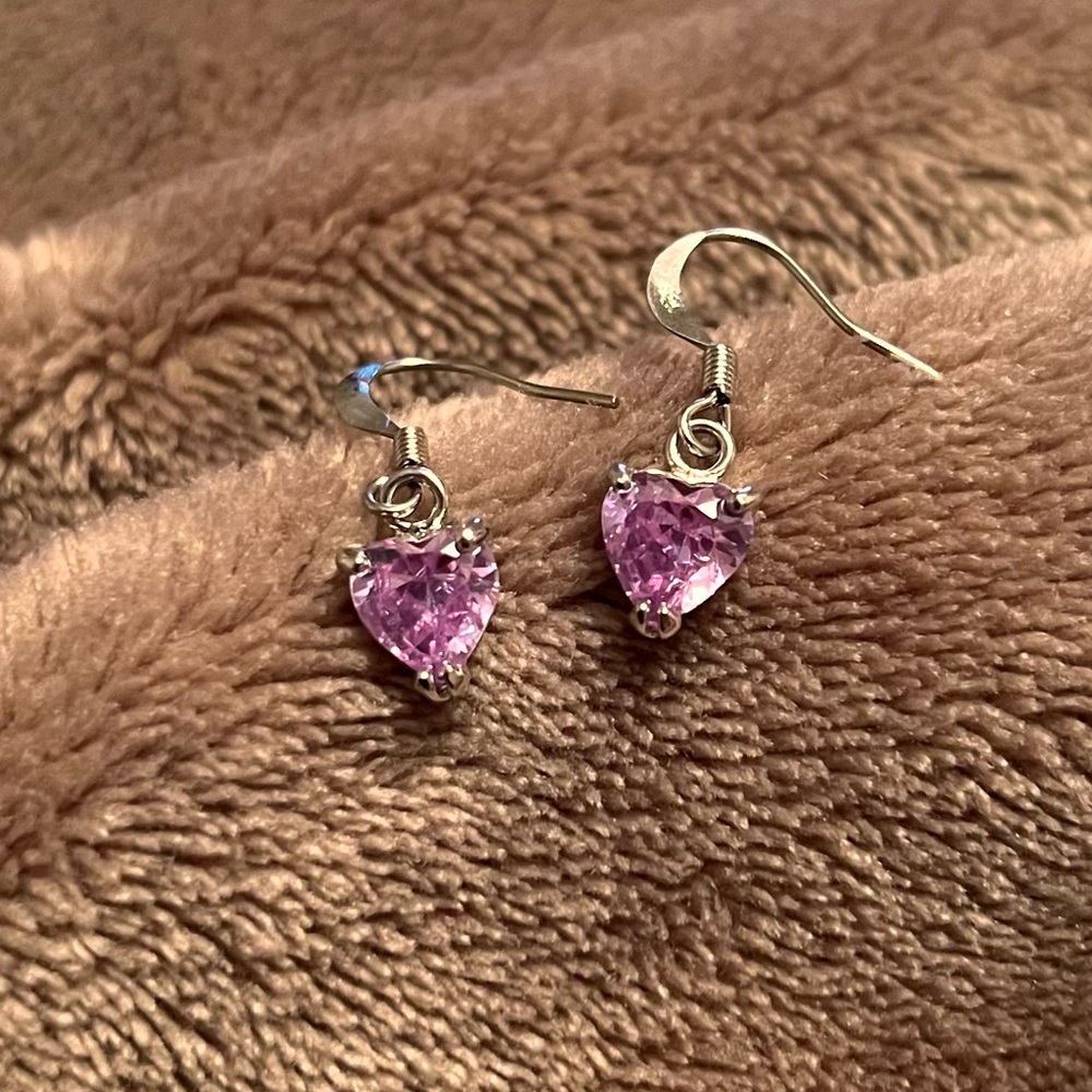925 Sterling Silver Purple Crystal Heart Princess Dainty Dangle Earrings